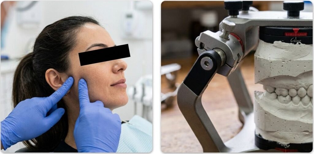 Palpação da articulação temporomandibular e modelos montados em articulador — Instituto BV Odonto, Limeira-SP