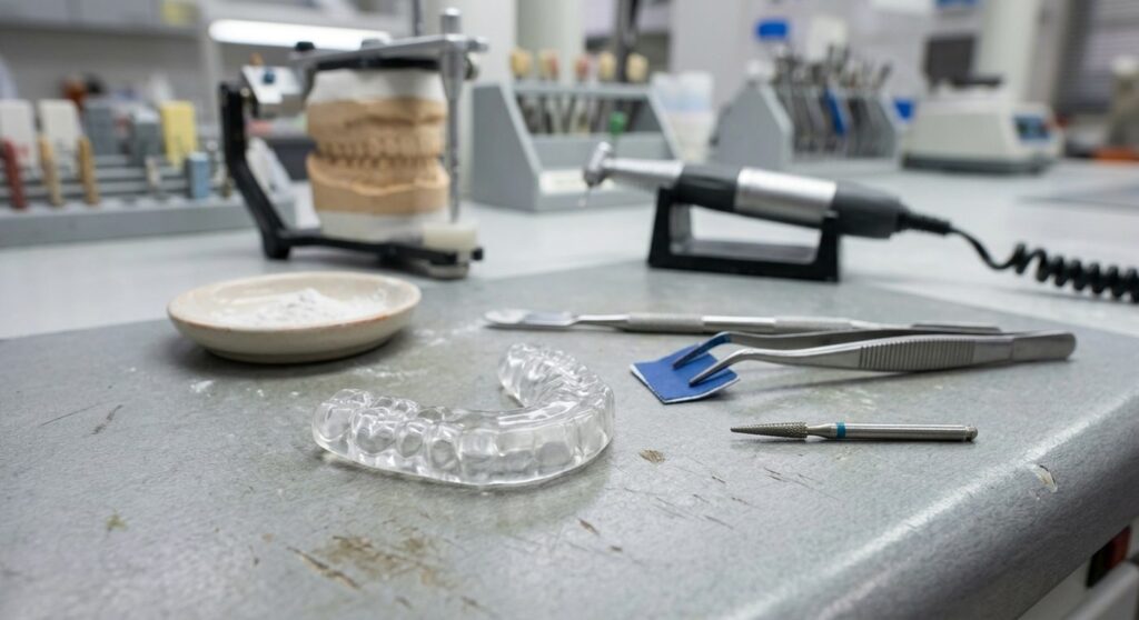 Placa oclusal transparente sobre a bancada, com modelos montados em articulador ao fundo — Instituto BV Odonto, Limeira-SP